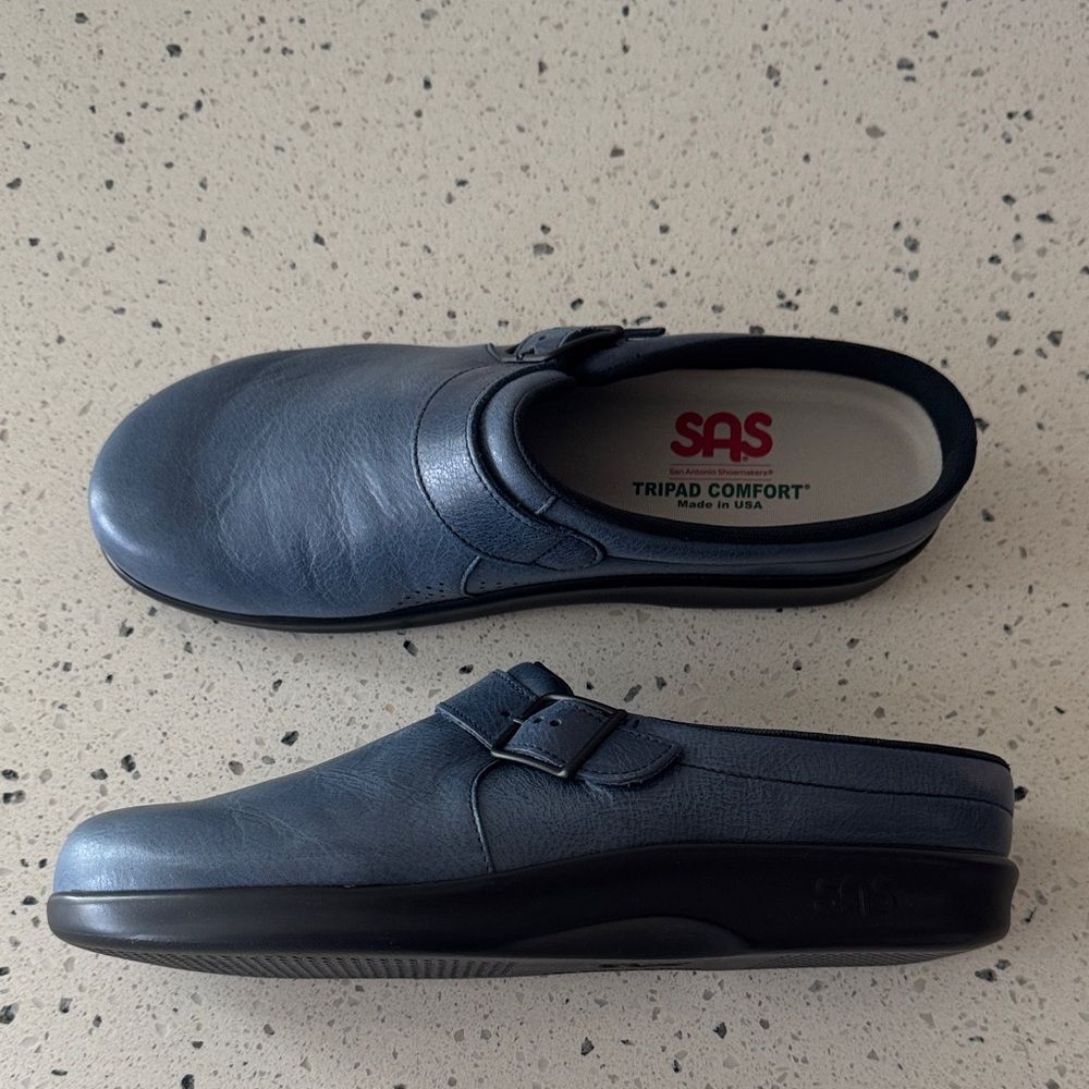 SAS TRIPAD COMFORT Blue Leather Slip-On Clogs Mules Made in USA Women Size 9.5M